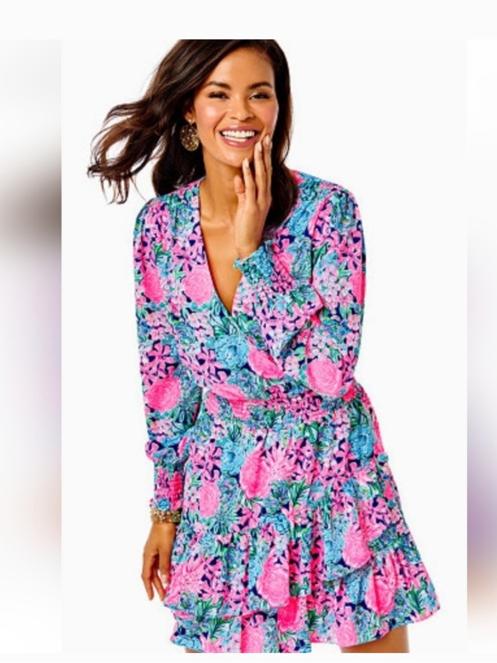 Lilly Pulitzer Cristiana Long Sleeve Pink & Aqua Floral Tiered V-Neck Dress NWT